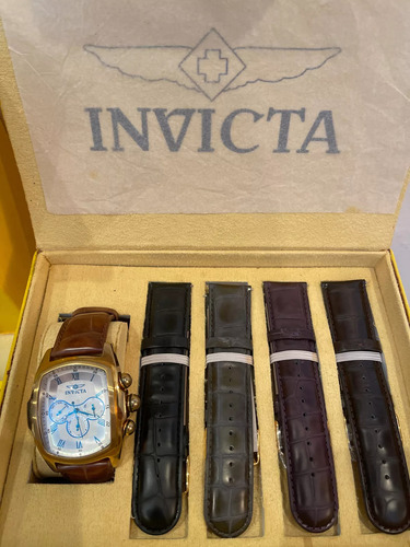 Relógio Masculino Invicta Lupah /aço Com Pulseira De Couro Marrom-claro Dourado-escuro Branco (Usado)