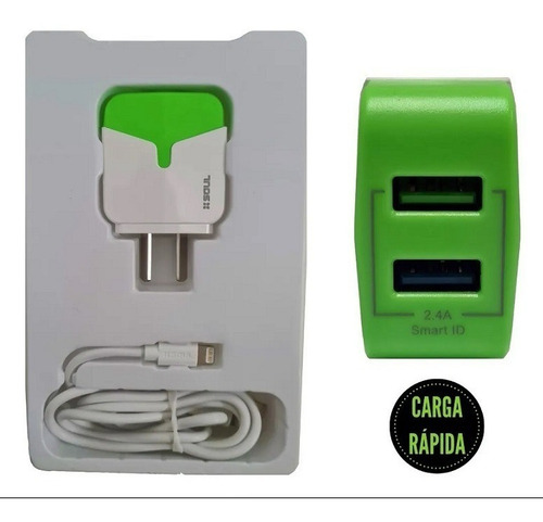 Cargador Rapido Doble Usb 2.4 Ampers + Cable Para iPhone Color Verde