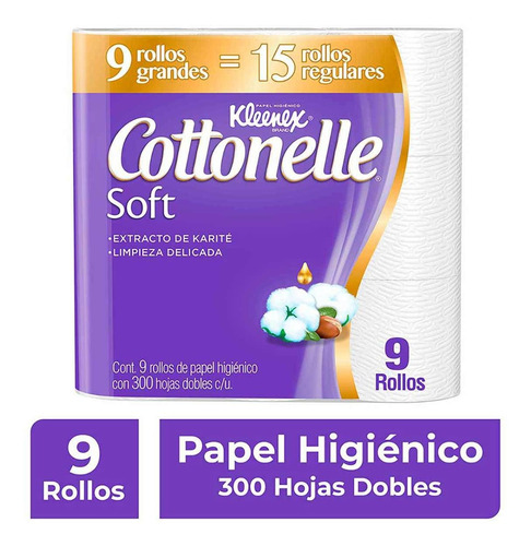 Kit 9 Rollos Papel Higiénico Cottonelle Soft 300 Hojas