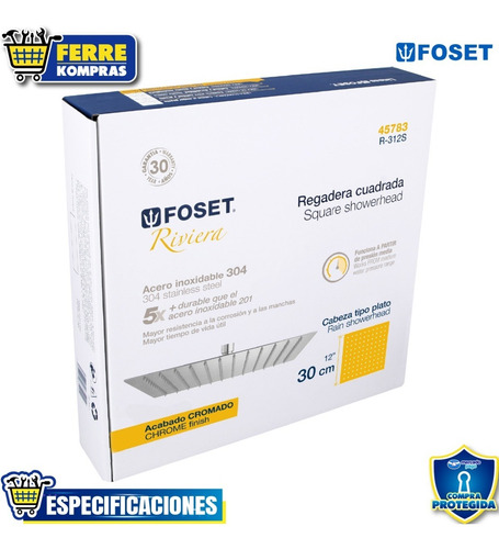 Regadera Riviera 12'' Cromada Cabeza Sola Foset 45783 Cromado Cromado