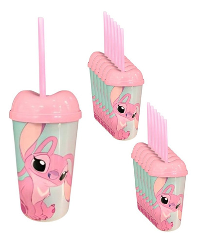 Vaso Pitillo Stitch- Angel Sorpresa X12u Alta Calidad Cumple