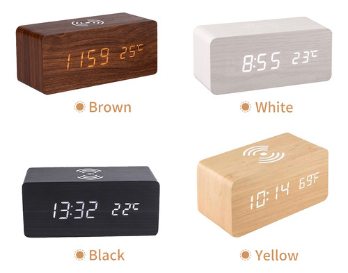 Relógio Digital De Madeira Com Carregamento Sem Fio 10w, Led
