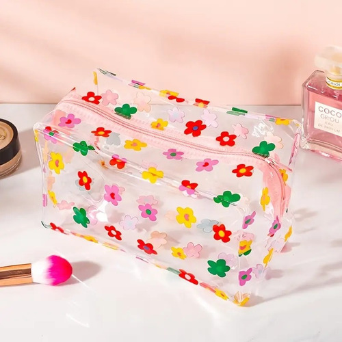 Neceser Transparente Con Flores Margaritas Rosa Floreado