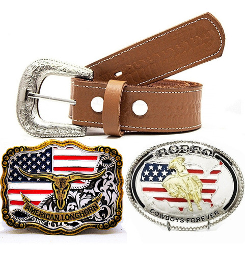 Kit Cinto Masculino Country Presente + 3 Fivelas Cowboy Luxo