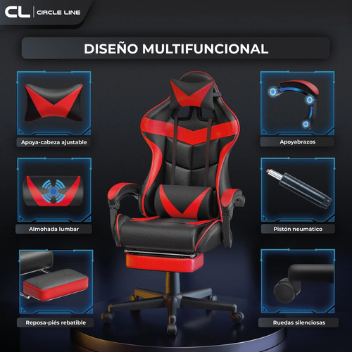 Silla Gamer Ergonomica Reclinable Con Apoya Pies Base Giratoria De Cuero Sintetico Color Rojo Cl