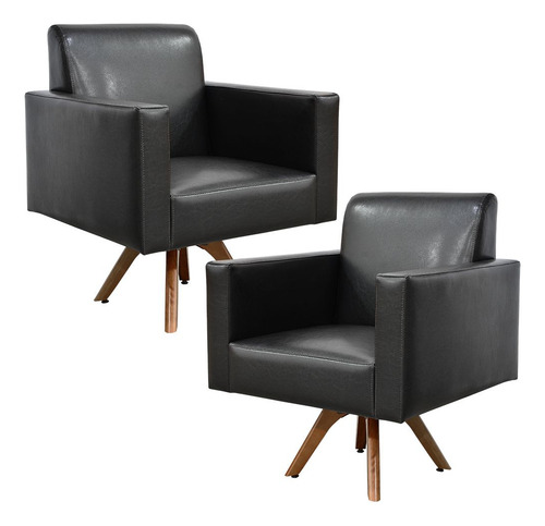 Kit 02 Poltronas Decorativas Giratória Sala Base de Madeira Helô L02 Couríssimo Preto