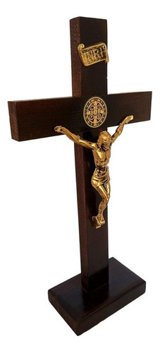 Cruz De Madeira De Mesa Crucifixo De São Bento Grande 29,5cm Cor Marrom-escuro