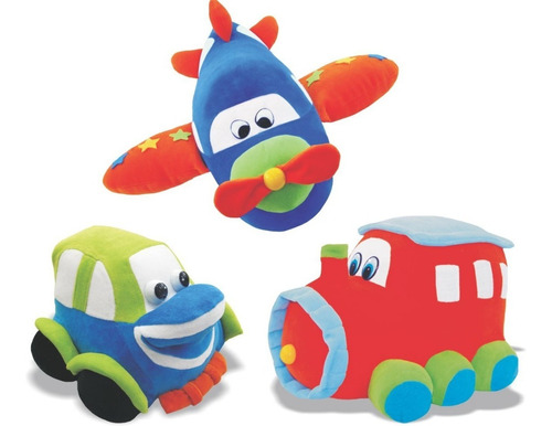 Kit 3 Pelúcias Coleção Transporte Avião, Carrinho E Trem