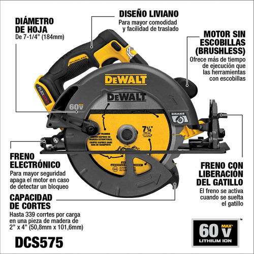 Sierra Circular 7-1/4 60v Sin Batería Dewalt Dcs575b-b3