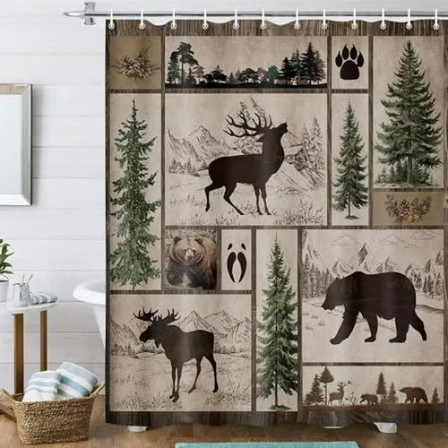 Cortina De Baño Rústica Con Osos Y Alces - Decoración Campes