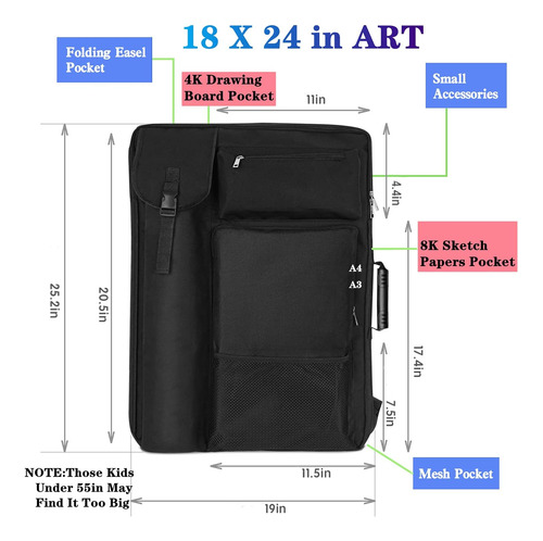 Portafolio Para Arte Mediano Negro, Mochila Y Bolso 45x60cm