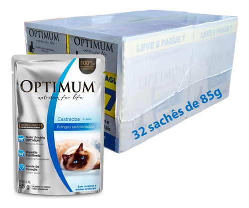 Caixa 32 Sachês Alimento Optimum Gatos Adultos Castrados Frango 85g