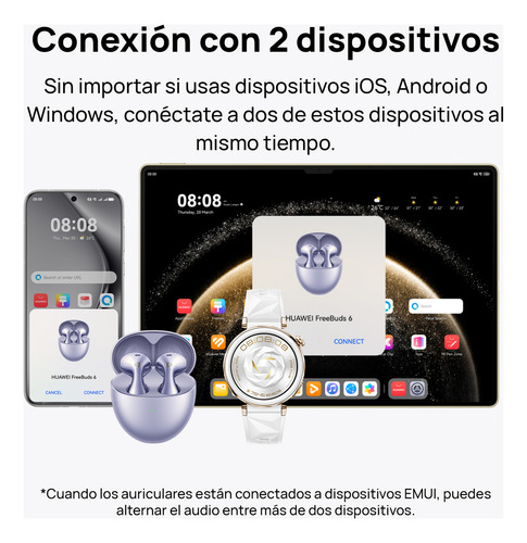 Audífonos Huawei Freebuds 6 Audífonos Inalámbricos Bluetooth, Ajuste cómodo, Driver Dual con True Sound, Llamadas Claras y Estables, 36H de Batería, IP54 Resistente al Agua, iOS & Android, Morado