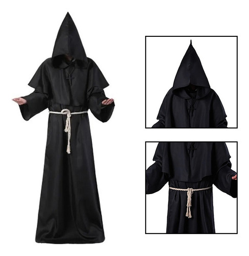 Túnica Medieval De Monje Sacerdote Para Halloween Con Diseño Negro L