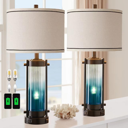 Roria Set Of 2 Modern Table Lamps With 2 Usb Ports, Gradient