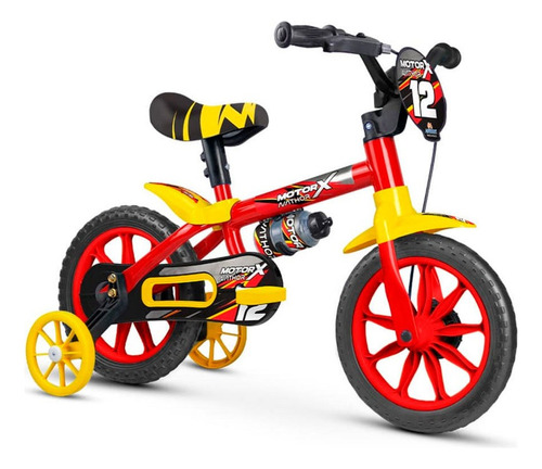 Bicicleta  de passeio infantil Nathor Motor X PU aro 12 freio tambor cor vermelho/amarelo com rodas de treinamento