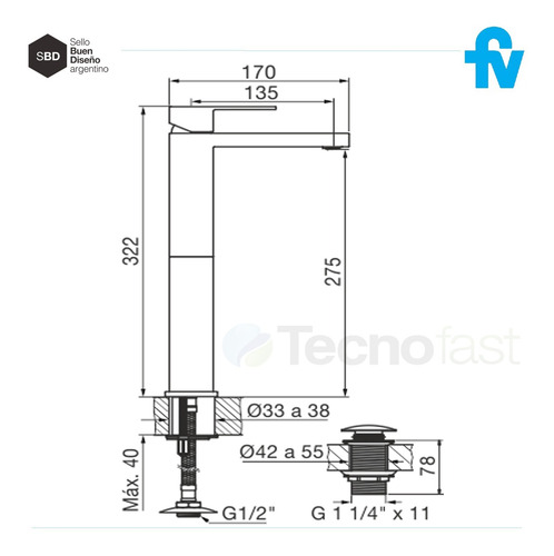 Griferia Fv Dominic New Monocomando Alto 0181.02/85n Cr Baño