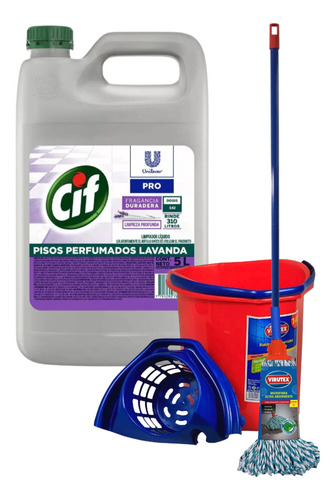 Pack Limpiador Piso Cif 5l- Balde 14l-mopa C/mango Virutex
