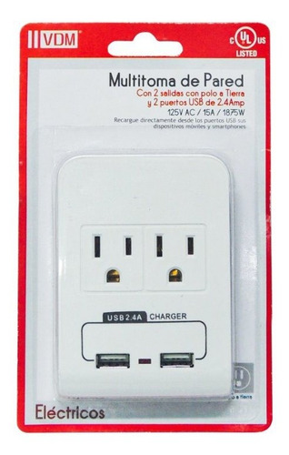 Imagen 2 de 2 de Multitoma Vdm Vdm-46580 Pared 2 Ptos Usb