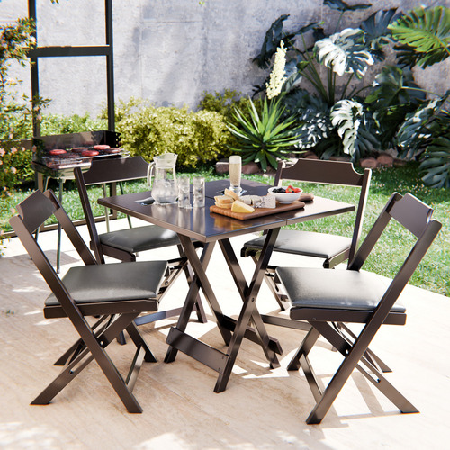 Kit Mesa Dobrável 70x70 Portátil Quadrada Em Madeira Com 4 Cadeiras Estofadas Para Bar Jardim E Sorveteria Cor Preto