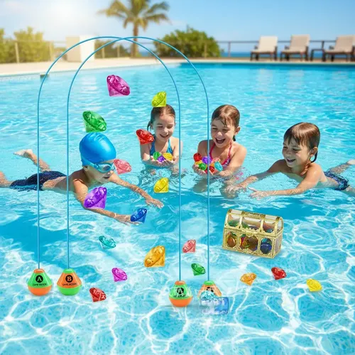WHAMVOX Set De 9 Juguetes De Buceo Para Piscina – 4 Anillos Y 5 Palos De Colores, De Plástico Resistente, Para Niños De 4 A 12 Años, Diversión Acuática Asegurada