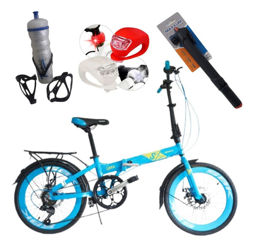 Bicicleta Plegable Rodado 20 Con Portapaquete Combo Regalo Celeste M