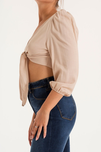 Imagen 2 de 6 de Top Blusa Corta Mujer Escote V Con Nudos Moños Manga Larga