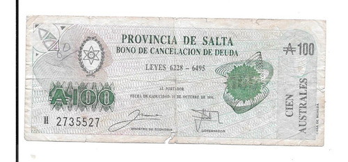 Liquido Bono Billete Argentina 100 Australes Salta