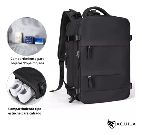 Mochila Viaje Carry On Aquila Calidad Deluxe Reforzada Color Negro Diseño De La Tela Liso