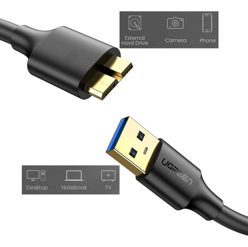 Cabo Micro Usb B Para Usb 3.0 Ugreen Macho 2 Metros Preto