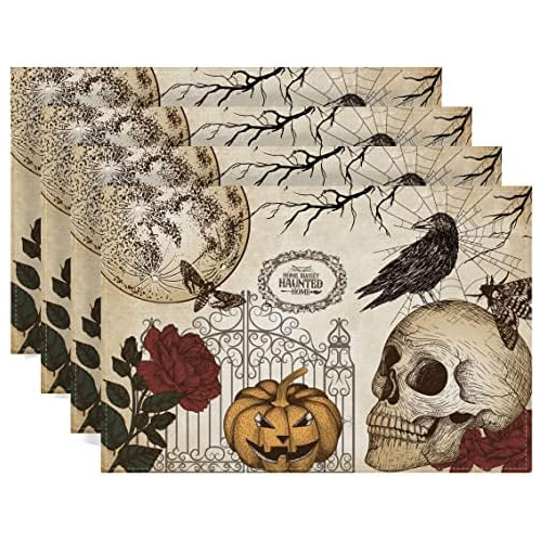 Linen Retro Halloween Placemats Halloween Gothic Skull ...