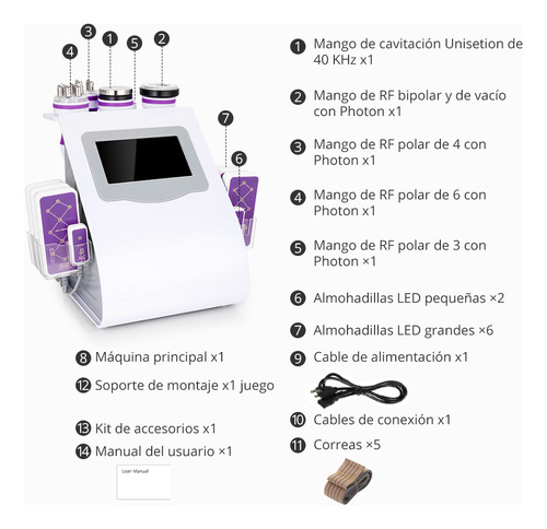 Multifuncional 6 En 1 Con Cavitación Ultrasónica 40k, Radiofrecuencia, Vacum Y Lipolaser De Alta Precisión, Manerales Robustos