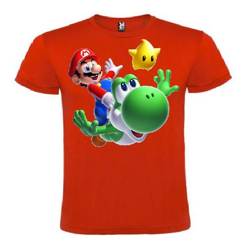 Polera Color Algodón 100% Niños Mario Y Yoshi Estrella