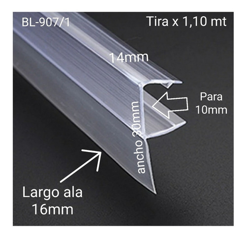 Burlete Mampara/vidrio/blindex/puerta 10mm-ala 16mm(1.10mt)
