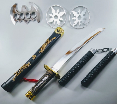 Kit Ninja Espada Brinquedo Com Mascara Estrelas E Nunchako Cor Preto