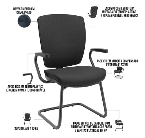 Cadeira Fixa Ergonômica Preto Slim Alt Flexi Poliéster preto
