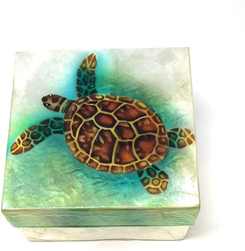 Kubla Craft Sea Turtle Capiz Cajas De Joyas, 4 Pulgadas Cuad