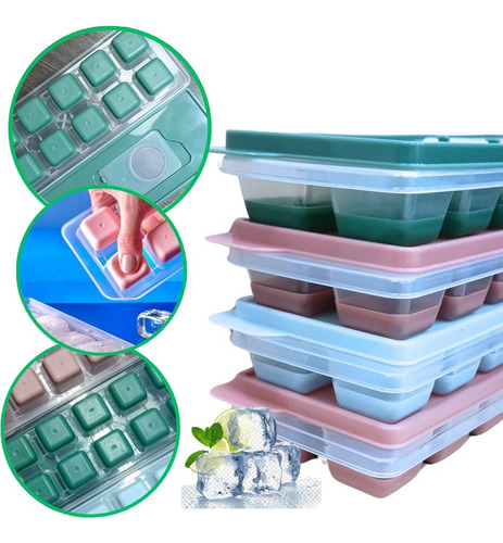 Kit 4 Formas De Gelo Silicone Com Tampa Enche Fácil Sortidas