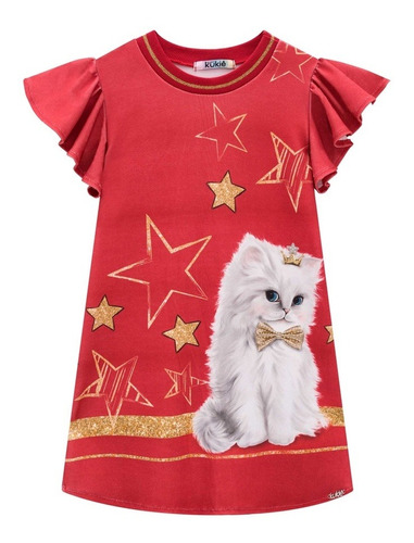 Vestido Infantil Menina Vermelho Gatinho Tecido Leve Kukiê