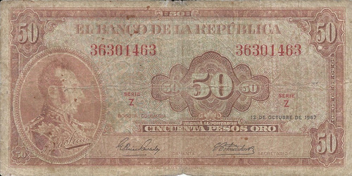 Colombia 50 Pesos 12 De Octubre 1967