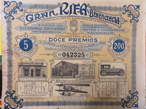 Antigua Rifa De 1922-primer Premio Un Avion Y Un Petit Hotel