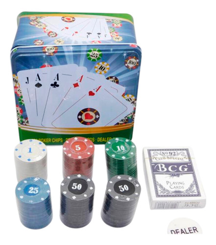 Cartas Estuche Metálico + Paquete 120 Fichas Poker Casino