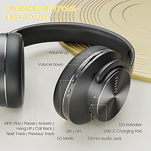 Doqaus Auriculares Bluetooth Sobre La Oreja, 52 Horas De De Color Black