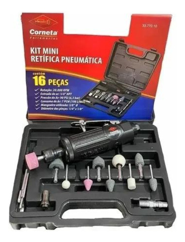 Kit Mini Retífica Pneumática 1/4 Pol 16 Peças - Corneta