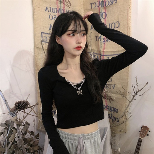 Camiseta Estampada Con Cuello En V Y Manga Larga Para Mujer