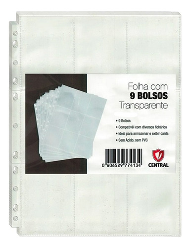 10x Folha Fichário Central - 9 Bolsos Transparente Cardgame