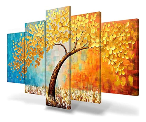 Jimhomy Blue Gold Wall Art Floral Blossom Painting 5 Piece G