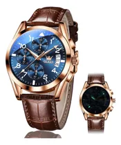 Comprar Olevs Relojes De Cuero Marrón Esfera Azul Relojes De Cuarzo