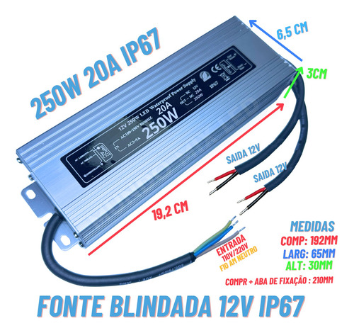 07pçs Fonte Blindada Ip67 Para Leds 250w 20a 12v 110v 220v