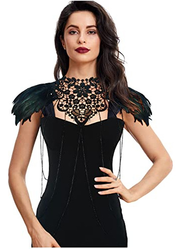 L'vow Real Black Feather Harness Lace Collar Babero Hallowee